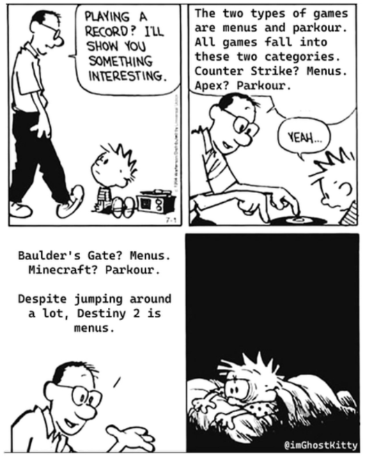 Calvin and Hobbes comic edit: "games are menus or parkour"