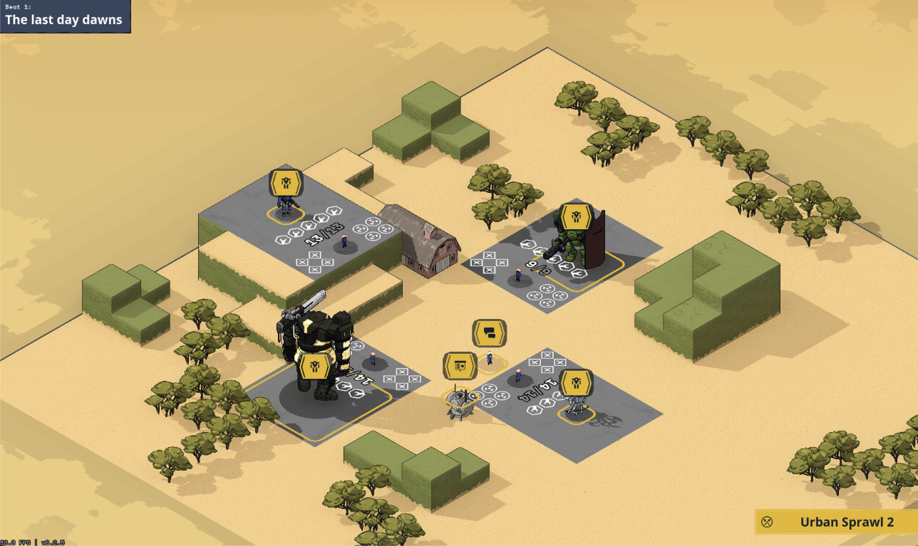 Downtime mechs standing in a field.