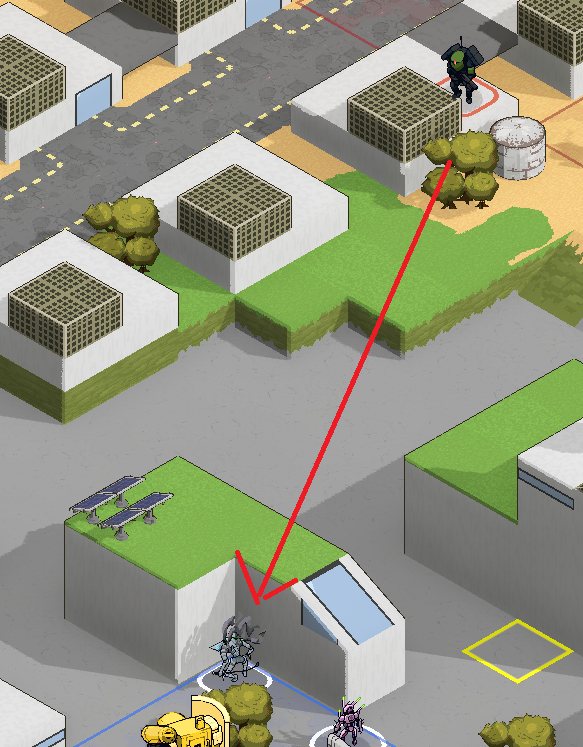 An assault drawning line of sight to a mourning cloak behind a building.