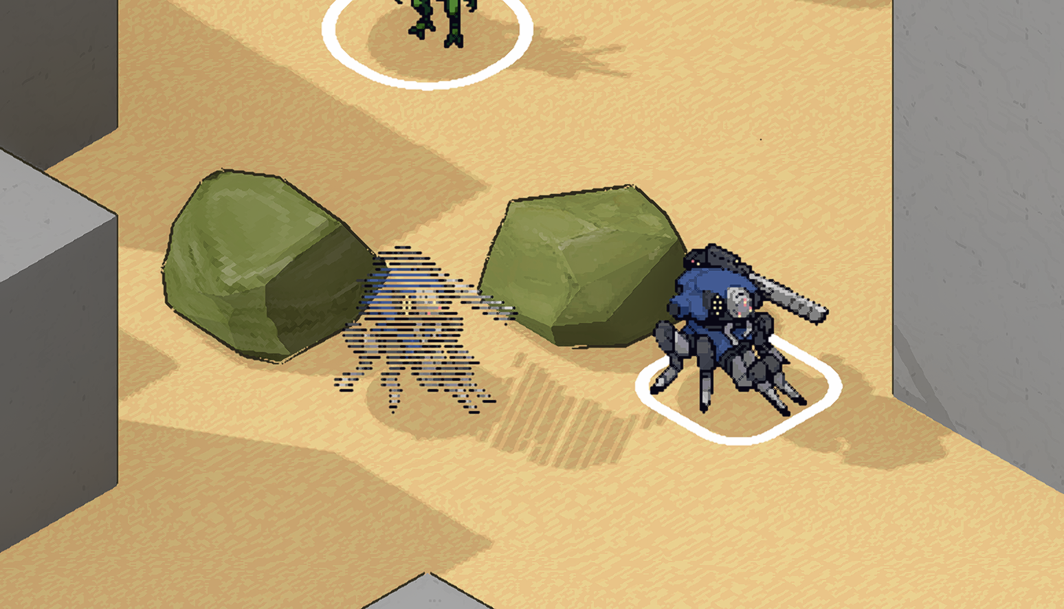 a mech next to a hologram of the same