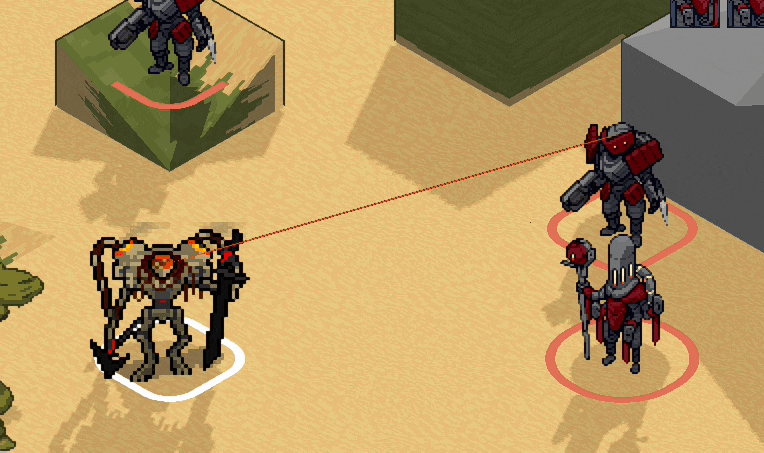 Two mechs with a crackling line of electricity between them.