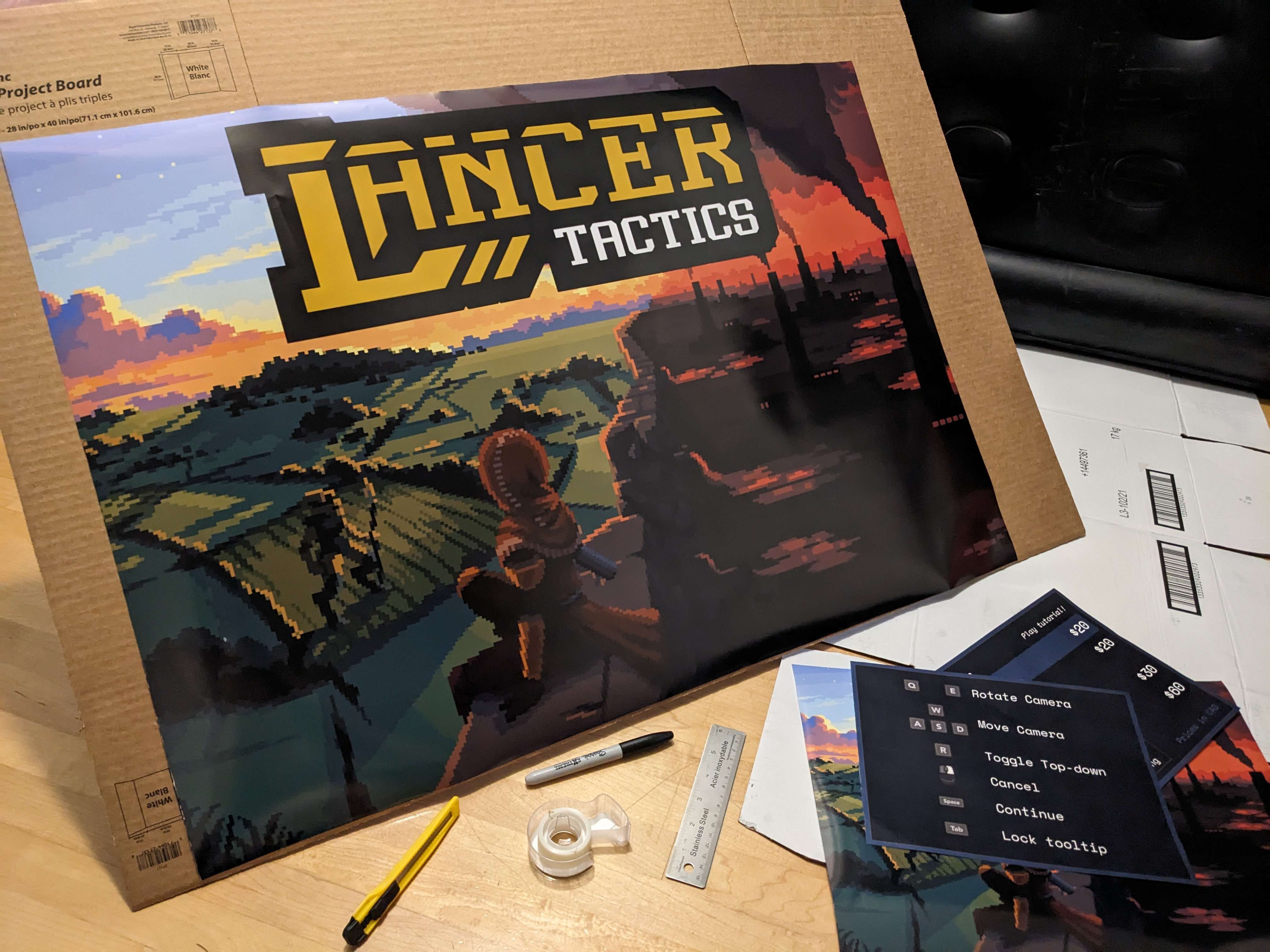 A staples-printed poster being mounted on cardboard using a box cutter and gluestick.