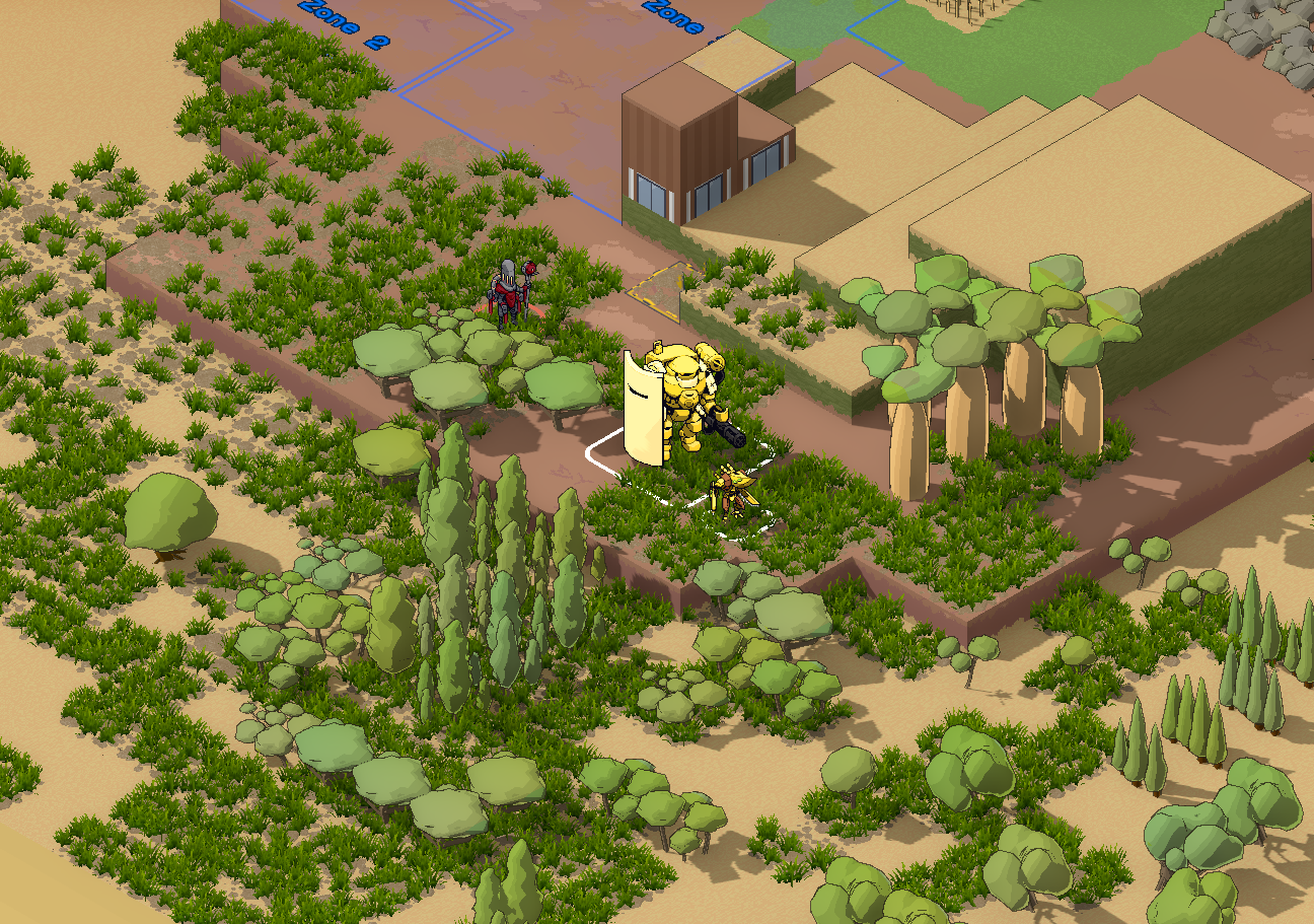 Simple 3D flat planes with grass scattered throughout a map.