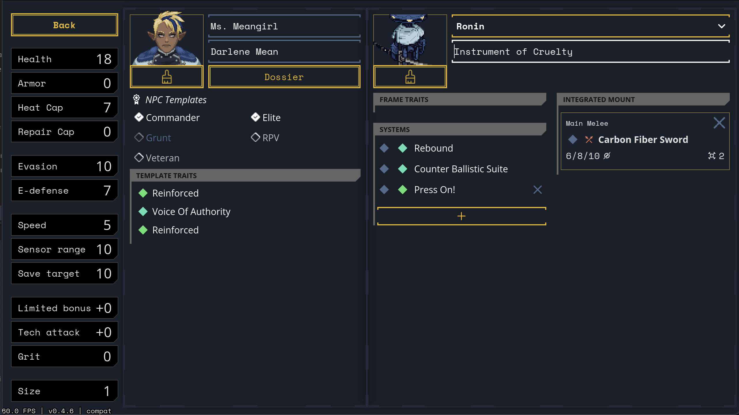NPC character sheet with commander optionals