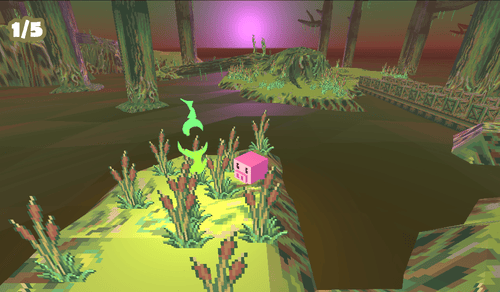 A cube pig ponders a green flame in a swamp.