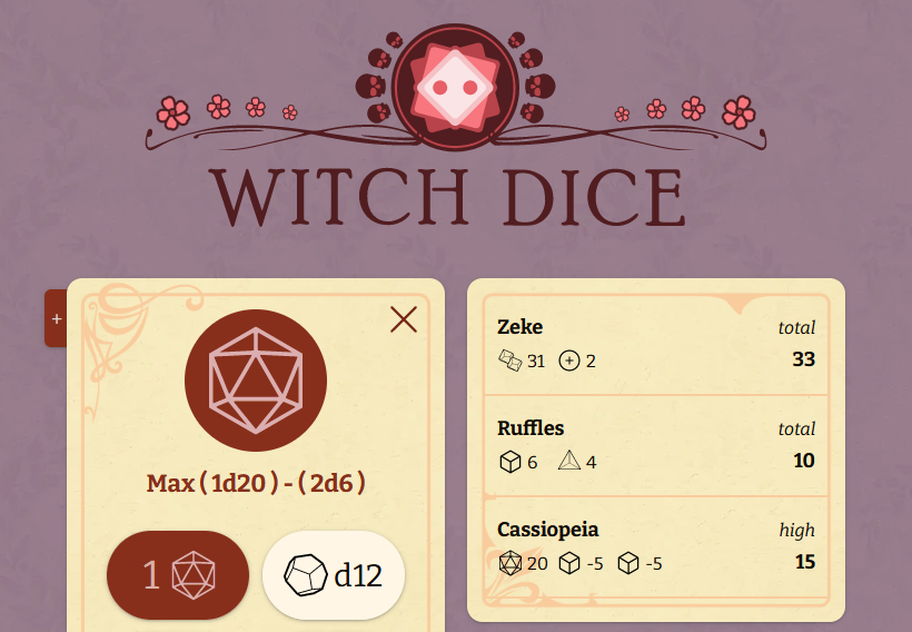 Witch DiceOnline dice roller for tabletop games.